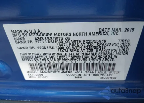 2015 Mitsubishi Outlander Sport Gt z USA, uszkodzony, nr VIN 4A4AR4AW4FE028067